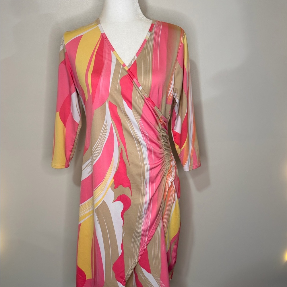 Peter Nygard Vibrant Pink and Tan Long Sleeve Dress